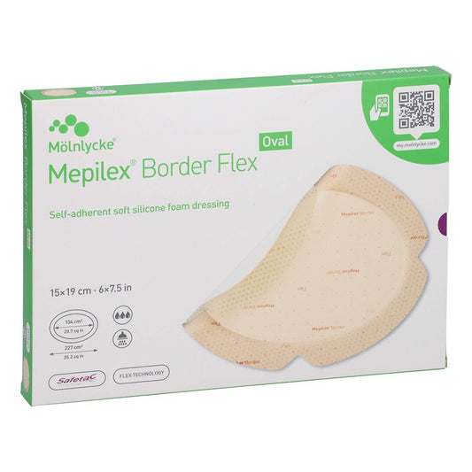 Das Produktfoto zeigt Mepilex Border Flex Schaumverb.Haft.15x19 Cm Oval (5 stk) PZN 10264036