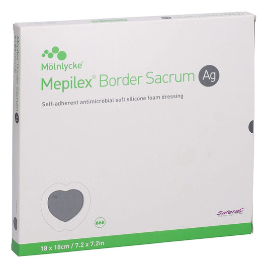 Das Produktfoto zeigt Mepilex Border Sacrum Ag Schaumverb.18x18 Cm Ster. (5 stk) PZN 10264102