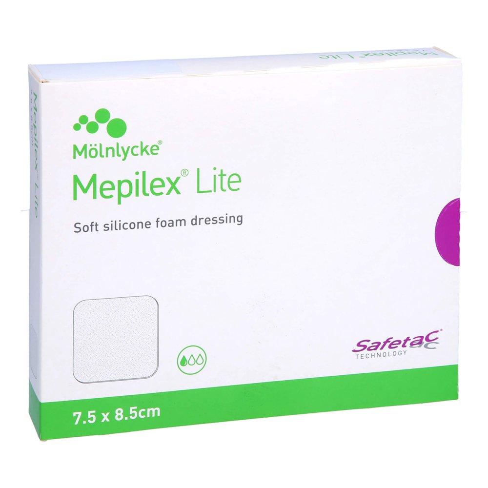 Das Produktfoto zeigt Mepilex Lite Schaumverband 7,5x8,5 Cm Steril (5 stk) PZN 10264214