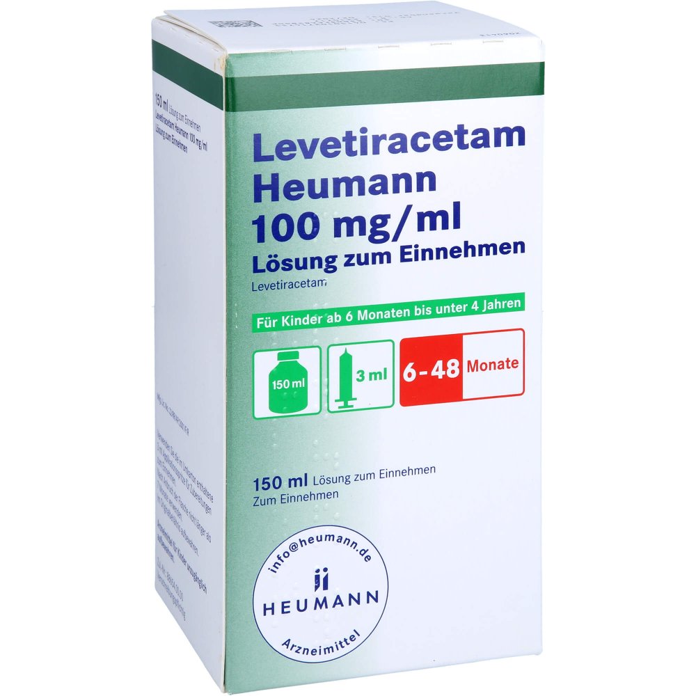 Das Produktfoto zeigt Levetiracetam Heumann 100 Mg/Ml 3ml Dosierspr. (150 ml) PZN 10271473