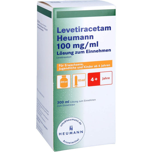 Das Produktfoto zeigt Levetiracetam Heumann 100 Mg/Ml 10ml Dosierspr. (300 ml) PZN 10271496