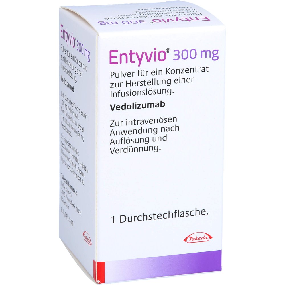Das Produktfoto zeigt Entyvio 300 Mg Plv.F.E.Konz.Z.Her.E.Inf.-Lsg.Dsfl. (1 stk) PZN 10272001