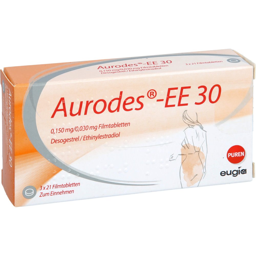 Das Produktfoto zeigt Aurodes-Ee 30 0,150 Mg/0,030 Mg Filmtabletten (3X21 stk) PZN 10272811