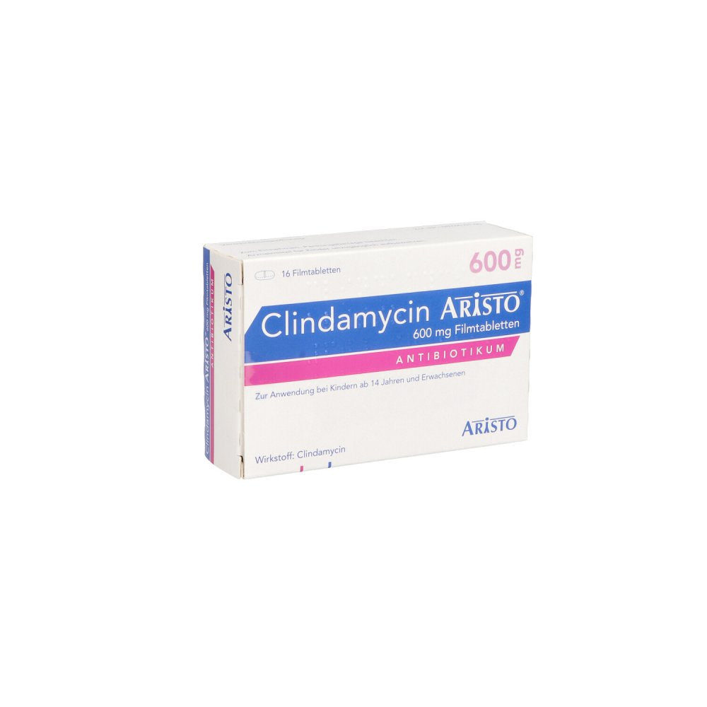 Das Produktfoto zeigt Clindamycin Aristo 600 Mg Filmtabletten (16 stk) PZN 10273816