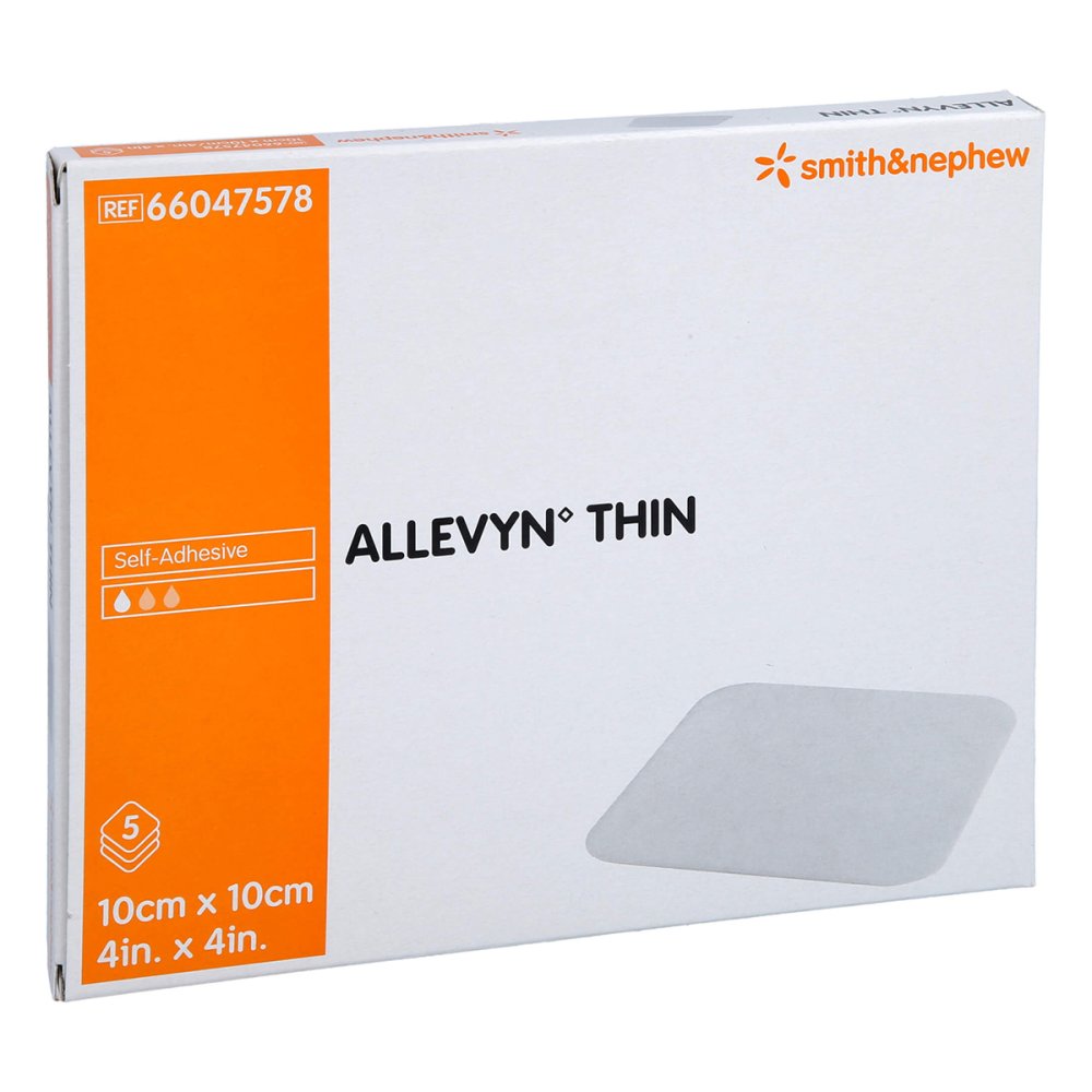 Das Produktfoto zeigt Allevyn Thin 10x10 Cm Dünne Wundauflage (5 stk) PZN 10274968