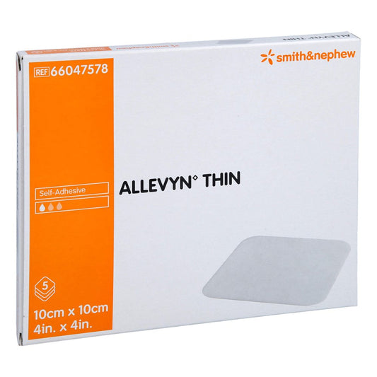 Das Produktfoto zeigt Allevyn Thin 10x10 Cm Dünne Wundauflage (5 stk) PZN 10274968