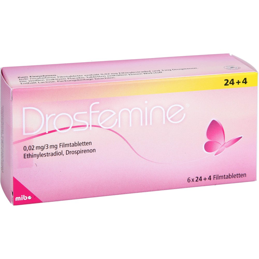 Das Produktfoto zeigt Drosfemine 0,02 Mg/3 Mg Filmtabletten 6x24+4 (6X28 stk) PZN 10276571