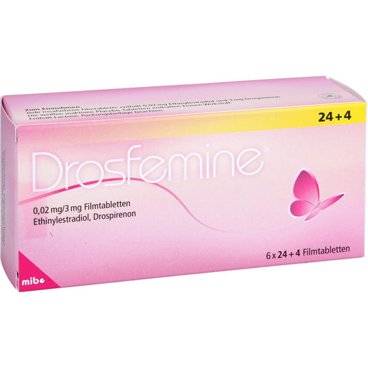 Das Produktfoto zeigt Drosfemine 0,02 Mg/3 Mg Filmtabletten 6x24+4 (6X28 stk) PZN 10276571