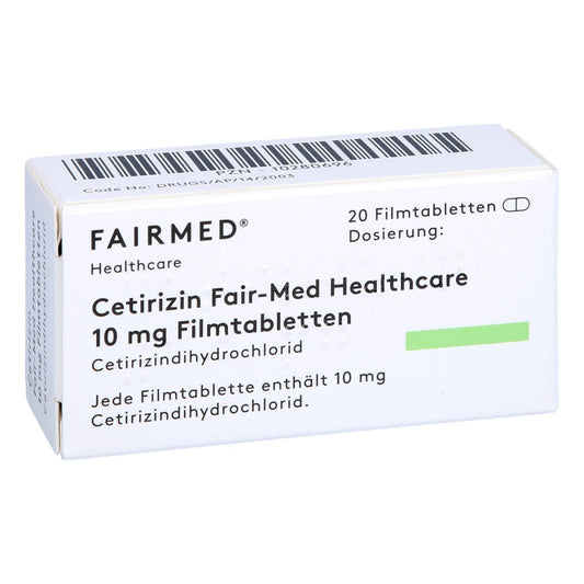 Das Produktfoto zeigt Cetirizin Fair-Med Healthcare 10 Mg Filmtabletten (20 stk) PZN 10280696