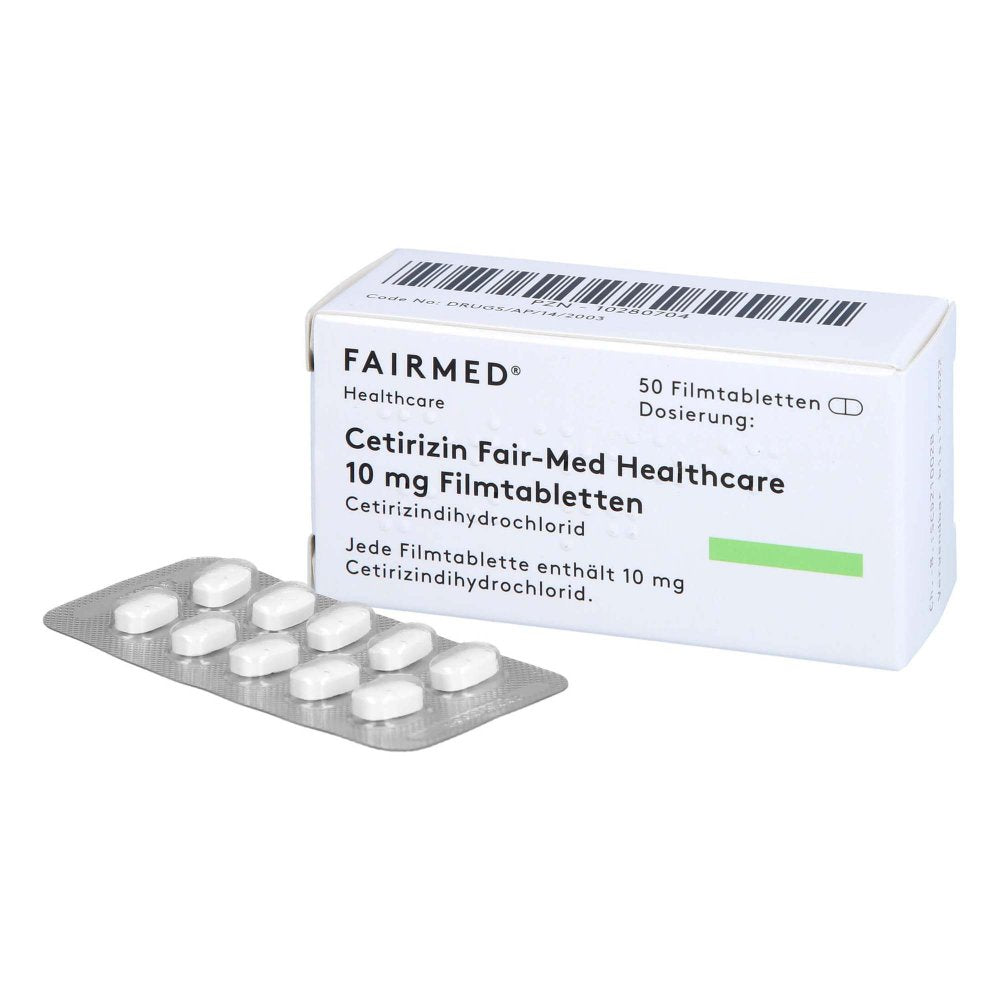 Das Produktfoto zeigt Cetirizin Fair-Med Healthcare 10 Mg Filmtabletten (50 stk) PZN 10280704