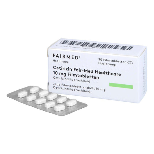 Das Produktfoto zeigt Cetirizin Fair-Med Healthcare 10 Mg Filmtabletten (50 stk) PZN 10280704