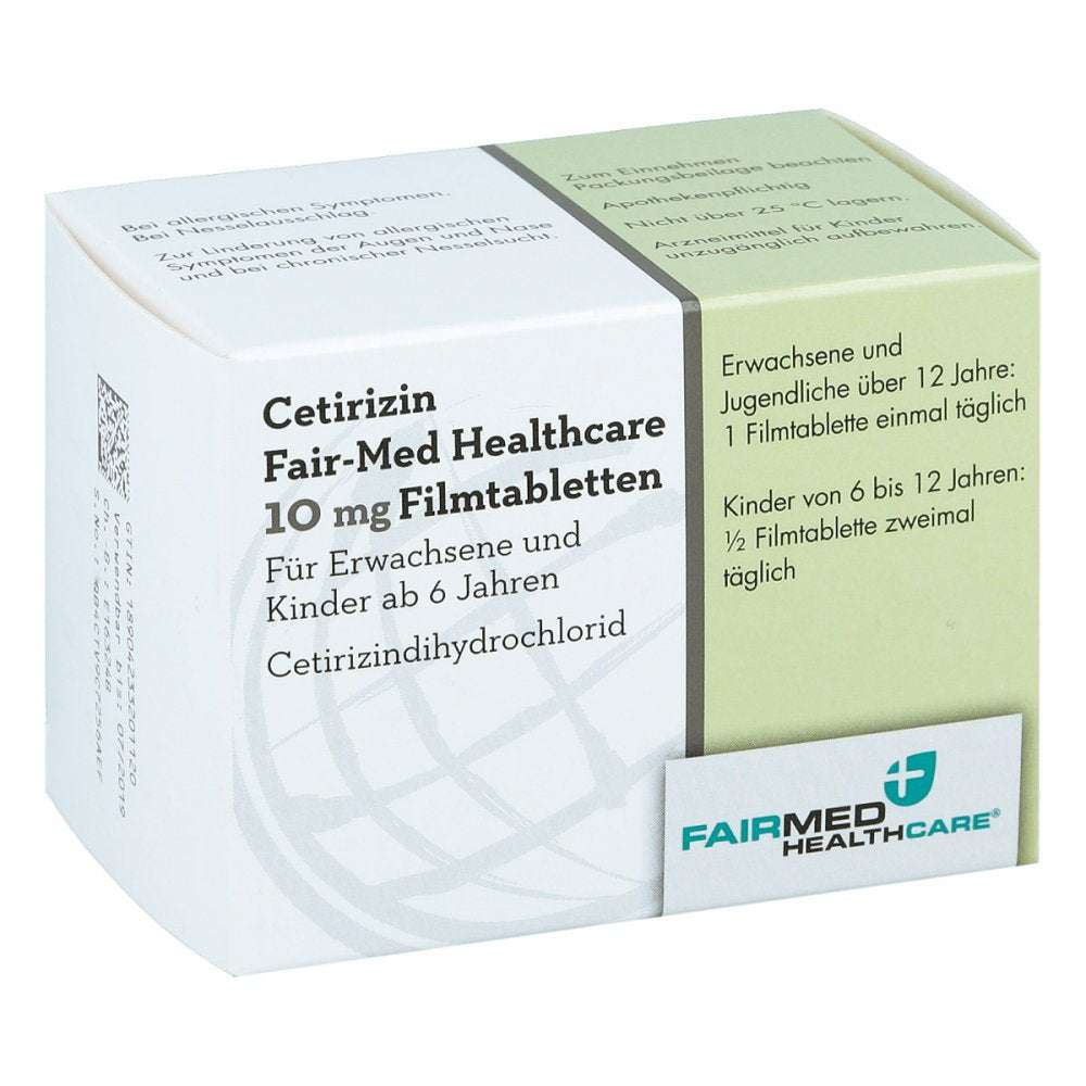 Das Produktfoto zeigt Cetirizin Fair-Med Healthcare 10 Mg Filmtabletten (100 stk) PZN 10280710