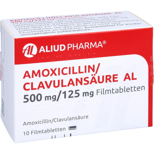 Das Produktfoto zeigt Amoxicillin/Clavulansäure Al 500mg/125mg Filmtabl. (10 stk) PZN 10298271