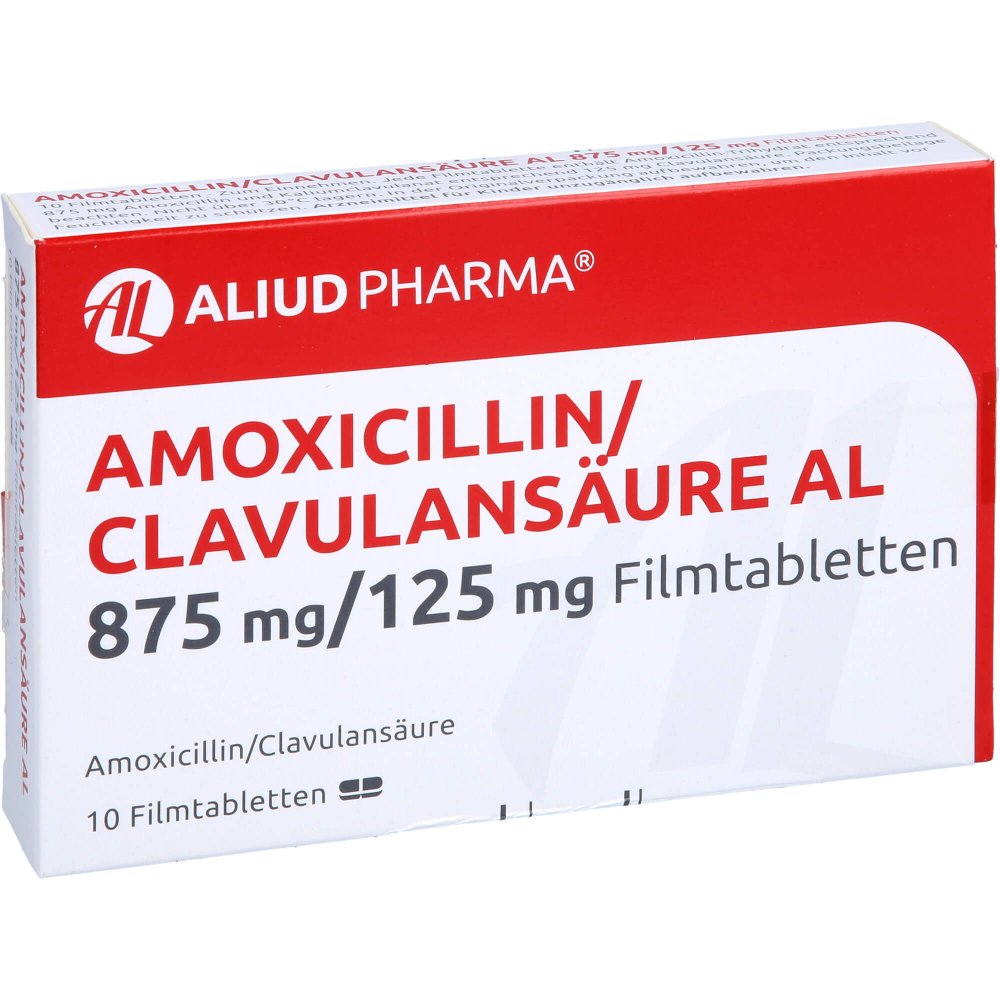 Das Produktfoto zeigt Amoxicillin/Clavulansäure Al 875mg/125mg Filmtabl. (10 stk) PZN 10298294