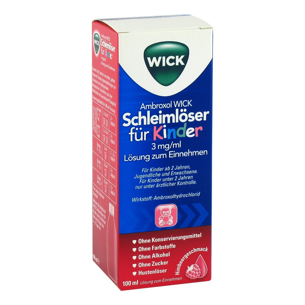 Das Produktfoto zeigt Ambroxol Wick Schleimlöser F.Kind.3mg/Ml L.Z.Einn. (100 ml) PZN 10299744