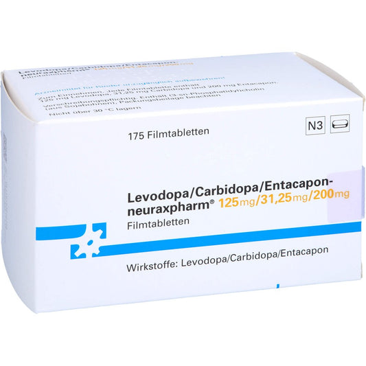 Das Produktfoto zeigt Levodopa/Carbidopa/Entacapon-Neurax 125/31,25/200 (175 stk) PZN 10303210