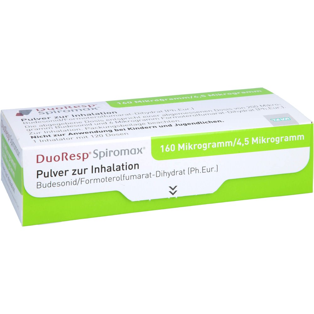 Das Produktfoto zeigt Duoresp Spiromax 160μg/4,5μg/Dosis 1x120ed Inh.-P. (1 stk) PZN 10311037