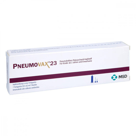 Das Produktfoto zeigt Pneumovax 23 Inj.L.I.E.Fertigspr.+2 Beigef.Kanülen (0.5 ml) PZN 10311304