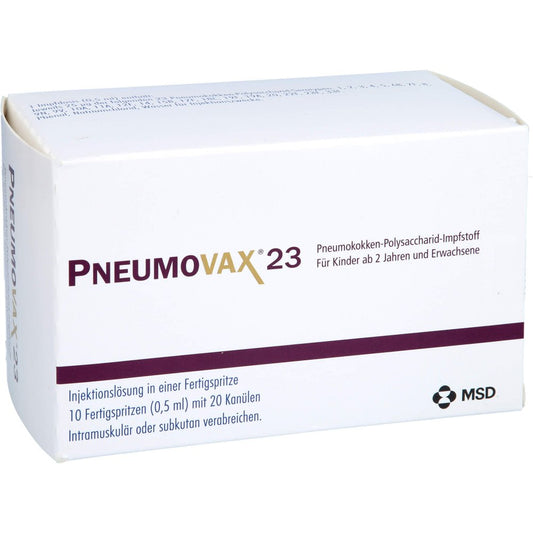 Das Produktfoto zeigt Pneumovax 23 Inj.L.I.E.Fertigspr.+2 Beigef.Kanülen (10X0.5 ml) PZN 10311310