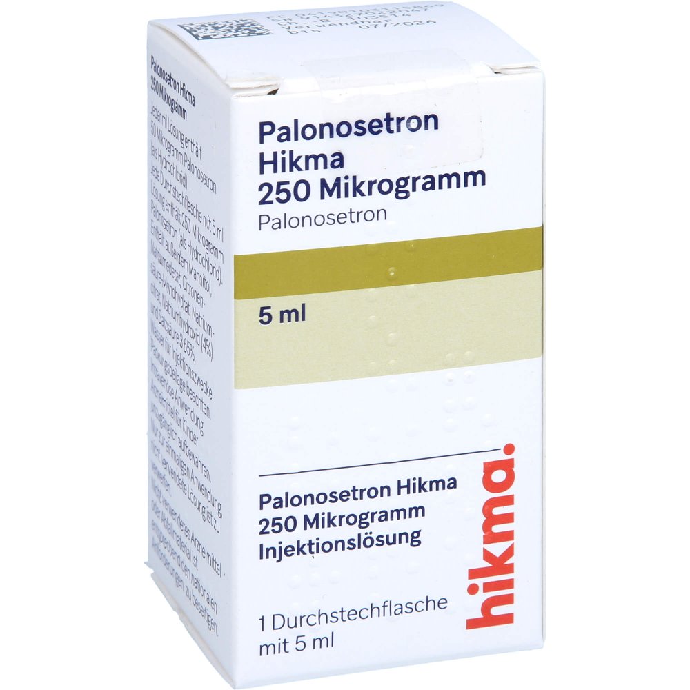 Das Produktfoto zeigt Palonosetron Hikma 250 Mikrogramm/5 Ml Inj.-Lsg. (1 stk) PZN 10311586