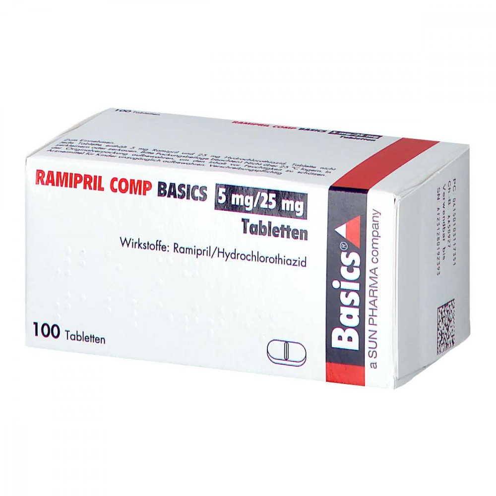 Das Produktfoto zeigt Ramipril Comp Basics 5 Mg/25 Mg Tabletten (100 stk) PZN 10311735