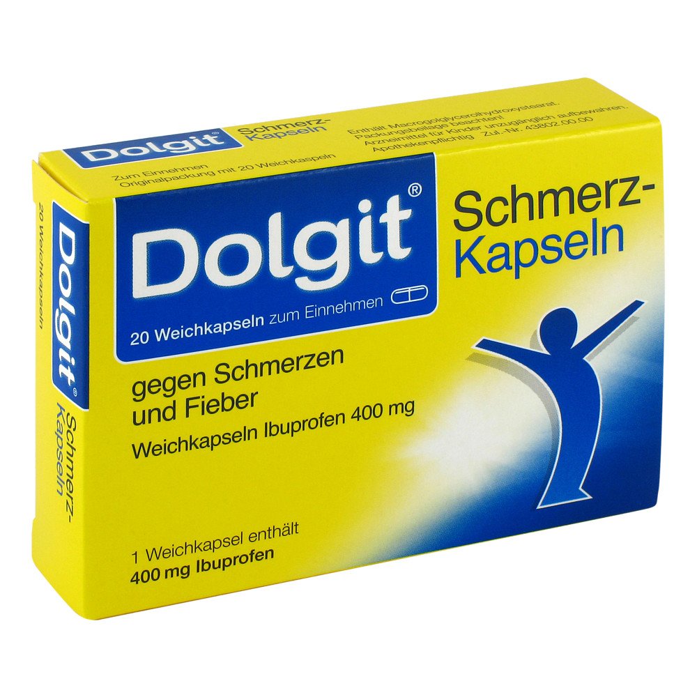 Das Produktfoto zeigt Dolgit Schmerzkapseln Gegen Schmer.U.Fieber 400 Mg (20 stk) PZN 10315822