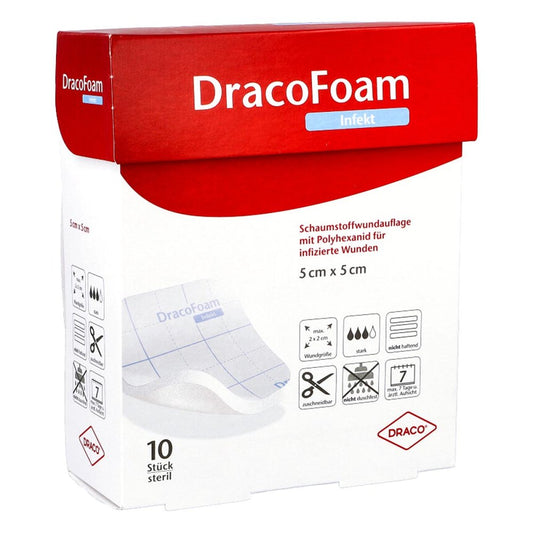 Das Produktfoto zeigt Dracofoam Infekt Schaumst.Wundauf.5x5 Cm (10 stk) PZN 10317608