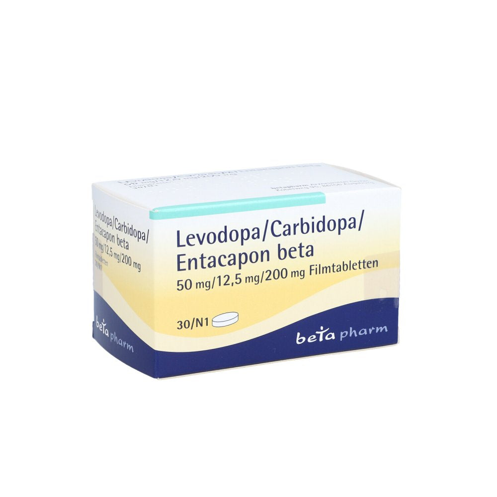 Das Produktfoto zeigt Levodopa/Carbidopa/Entacapon Beta 50/12,5/200 (30 stk) PZN 10324206