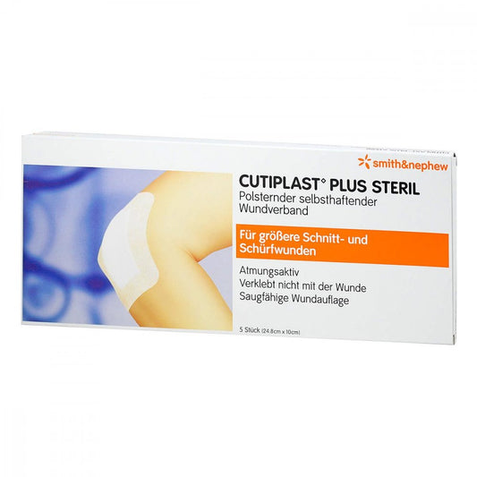 Das Produktfoto zeigt Cutiplast Plus Steril 10x24,8 Cm Verband (5 stk) PZN 10325482