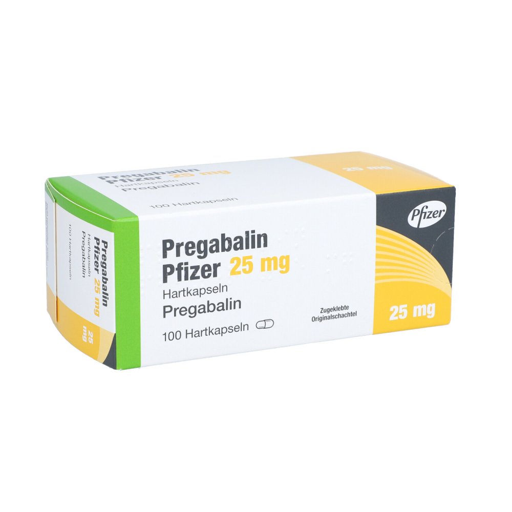 Das Produktfoto zeigt Pregabalin Pfizer 25 Mg Hartkapseln (100 stk) PZN 10327699