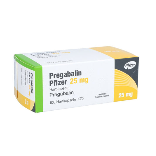 Das Produktfoto zeigt Pregabalin Pfizer 25 Mg Hartkapseln (100 stk) PZN 10327699