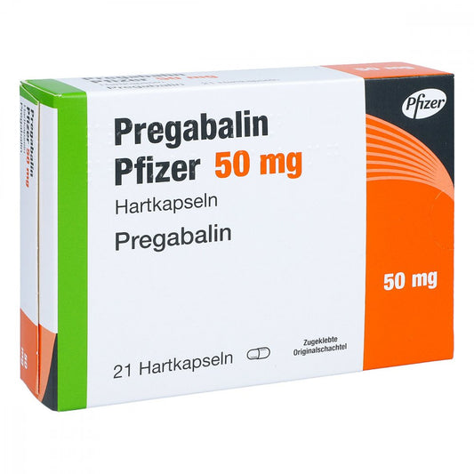 Das Produktfoto zeigt Pregabalin Pfizer 50 Mg Hartkapseln (21 stk) PZN 10327713