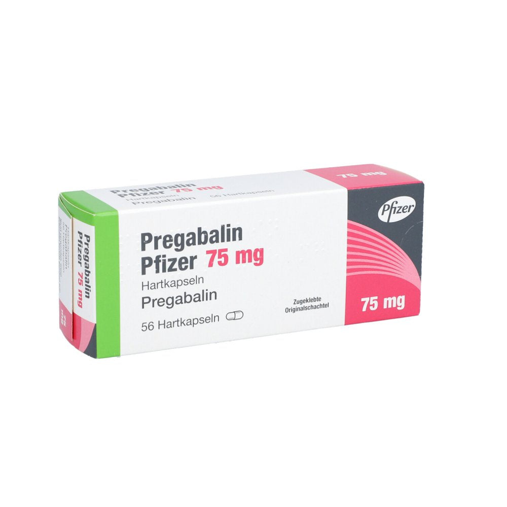 Das Produktfoto zeigt Pregabalin Pfizer 75 Mg Hartkapseln (56 stk) PZN 10327765