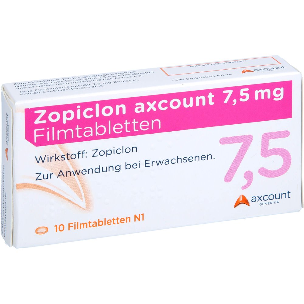 Das Produktfoto zeigt Zopiclon Axcount 7,5 Mg Filmtabletten (10 stk) PZN 10342894