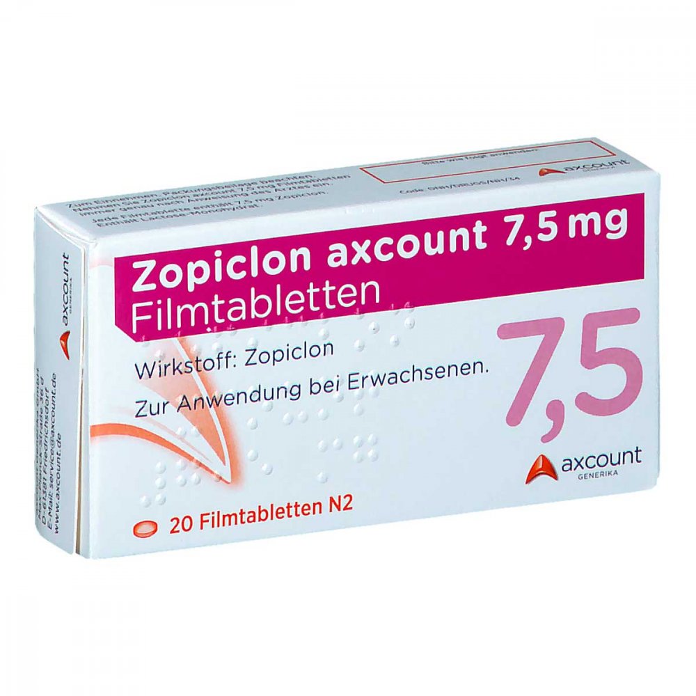 Das Produktfoto zeigt Zopiclon Axcount 7,5 Mg Filmtabletten (20 stk) PZN 10342902