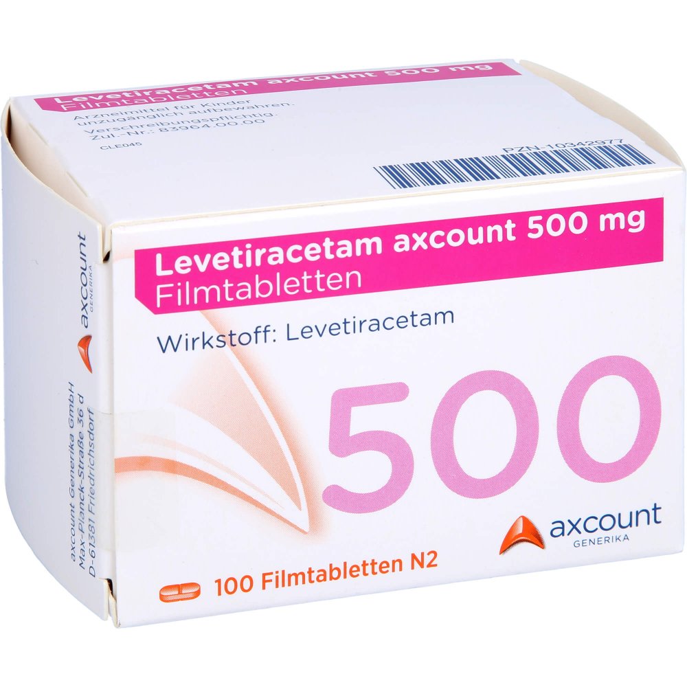 Das Produktfoto zeigt Levetiracetam Axcount 500 Mg Filmtabletten (100 stk) PZN 10342977
