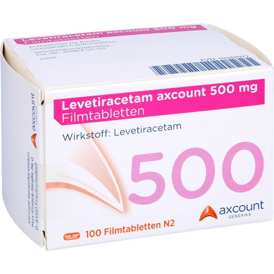 Das Produktfoto zeigt Levetiracetam Axcount 500 Mg Filmtabletten (100 stk) PZN 10342977