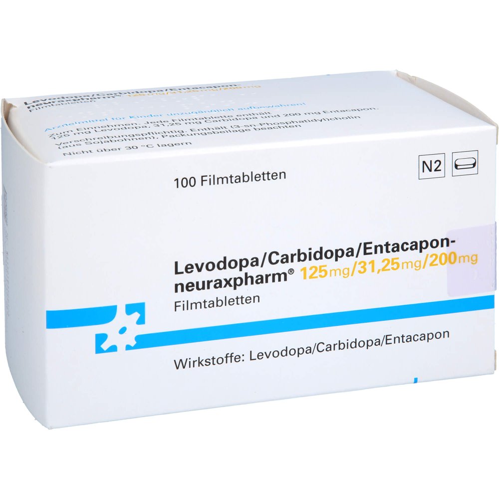 Das Produktfoto zeigt Levodopa/Carbidopa/Entacapon-Neurax 125/31,25/200 (100 stk) PZN 10352912