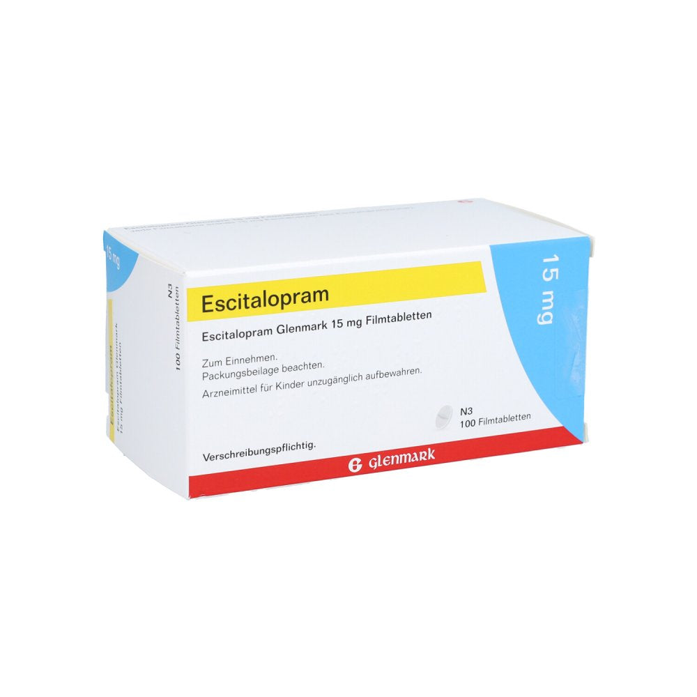 Das Produktfoto zeigt Escitalopram Glenmark 15 Mg Filmtabletten (100 stk) PZN 10353314