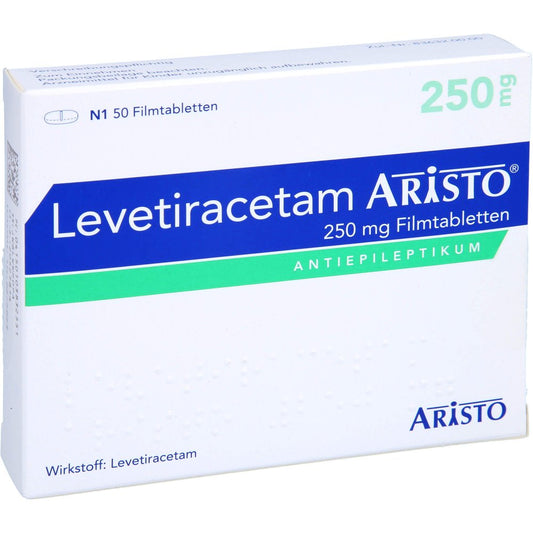Das Produktfoto zeigt Levetiracetam Aristo 250 Mg Filmtabletten (50 stk) PZN 10383255