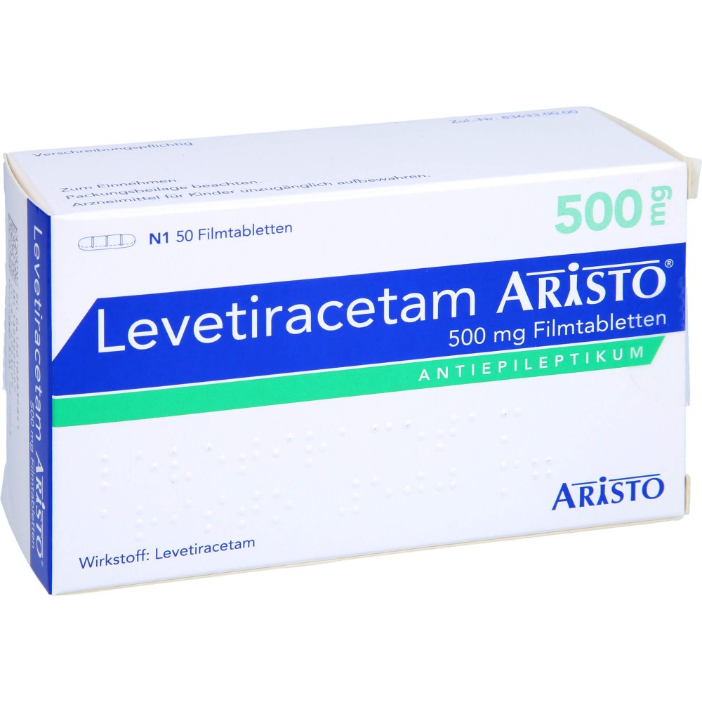 Das Produktfoto zeigt Levetiracetam Aristo 500 Mg Filmtabletten (50 stk) PZN 10383284