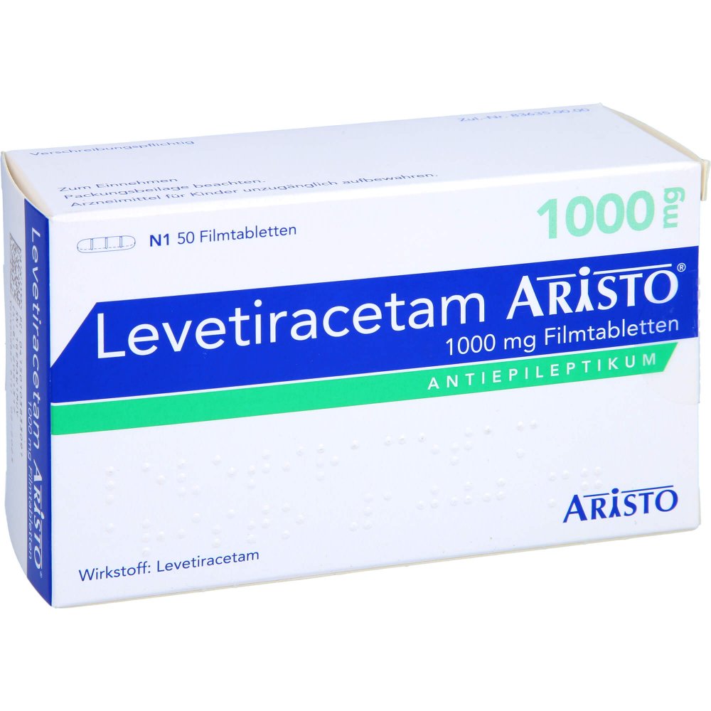 Das Produktfoto zeigt Levetiracetam Aristo 1000 Mg Filmtabletten (50 stk) PZN 10383309