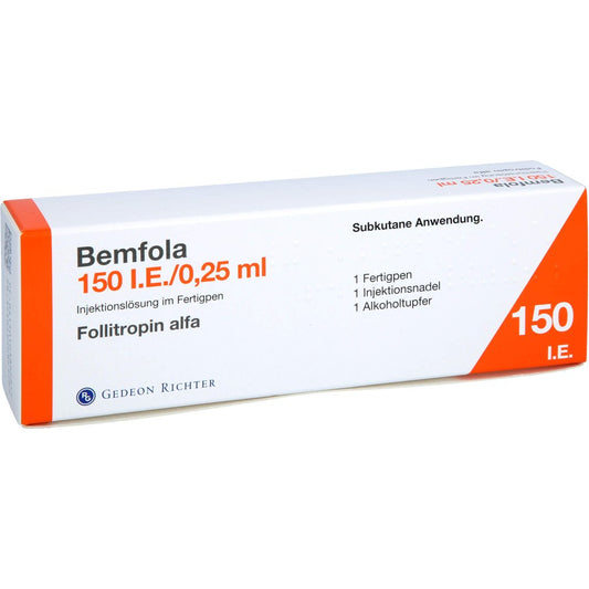 Das Produktfoto zeigt Bemfola 150 I.E./0,25 Ml Inj.-Lsg.I.E.Fertigpen (1 stk) PZN 10389281