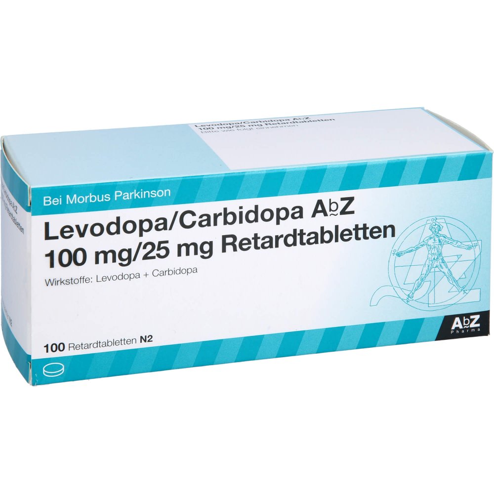 Das Produktfoto zeigt Levodopa/Carbidopa Abz 100/25 Mg Retardtabletten (100 stk) PZN 10395123