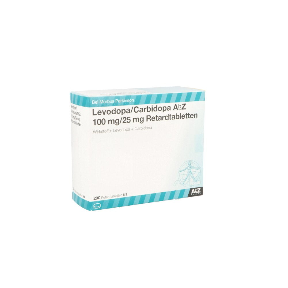 Das Produktfoto zeigt Levodopa/Carbidopa Abz 100/25 Mg Retardtabletten (200 stk) PZN 10395146