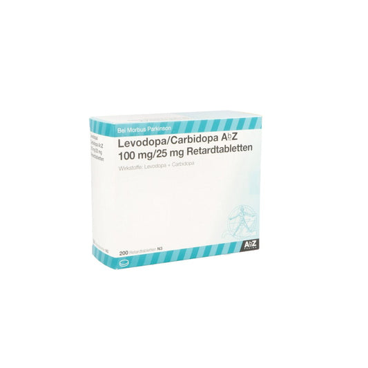 Das Produktfoto zeigt Levodopa/Carbidopa Abz 100/25 Mg Retardtabletten (200 stk) PZN 10395146