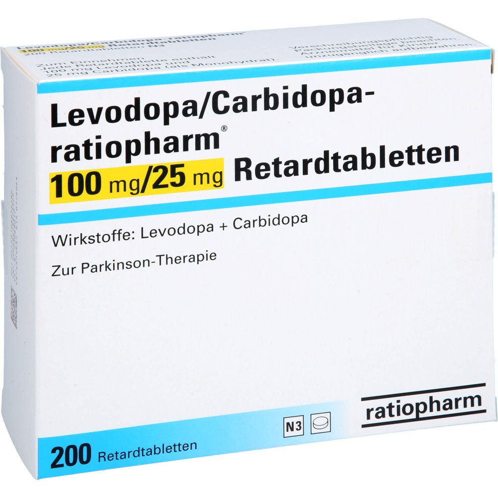 Das Produktfoto zeigt Levodopa/Carbidopa-Ratiopharm 100 Mg/25 Mg Ret.-T. (200 stk) PZN 10397518
