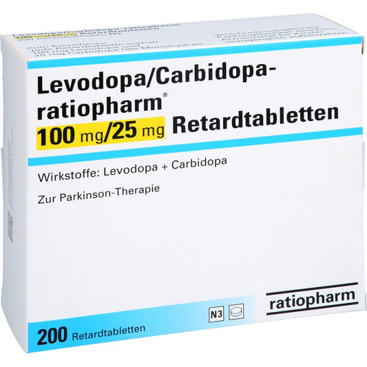 Das Produktfoto zeigt Levodopa/Carbidopa-Ratiopharm 100 Mg/25 Mg Ret.-T. (200 stk) PZN 10397518
