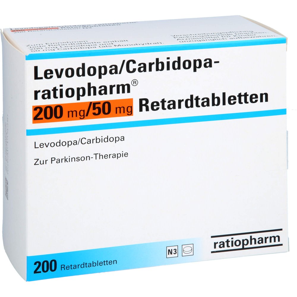 Das Produktfoto zeigt Levodopa/Carbidopa-Ratiopharm 200 Mg/50 Mg Ret.-T. (200 stk) PZN 10397553