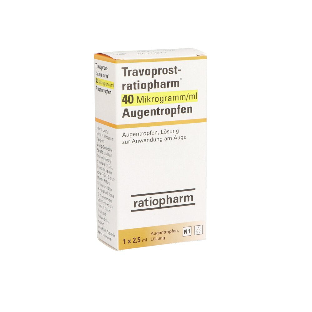 Das Produktfoto zeigt Travoprost-Ratiopharm 40 Mikrogramm/Ml Augentr. (2.5 ml) PZN 10402828